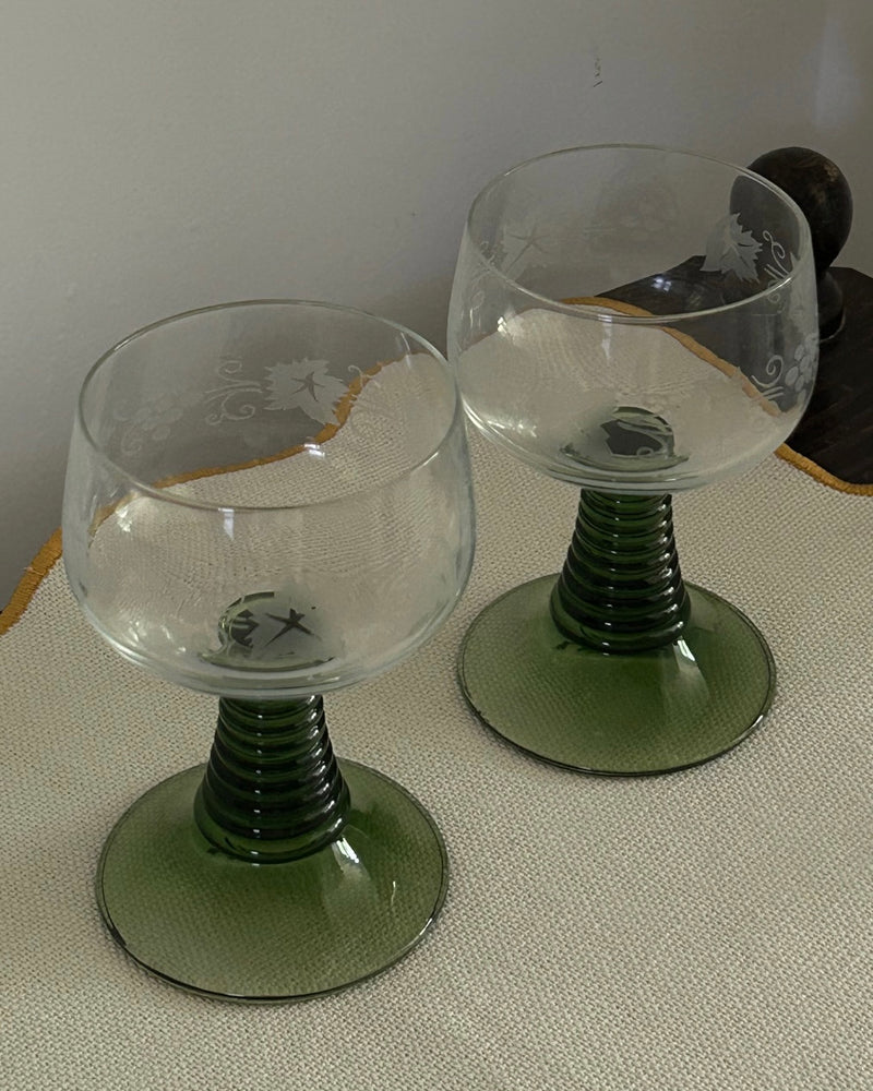 Green Stem Etched Wine Glasses (set of 5)