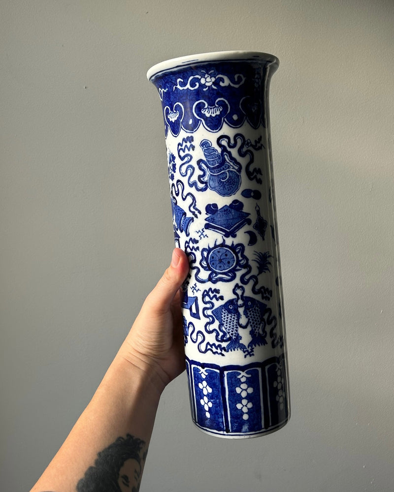Large Blue & White Chinese Porcelain Beaker Vase