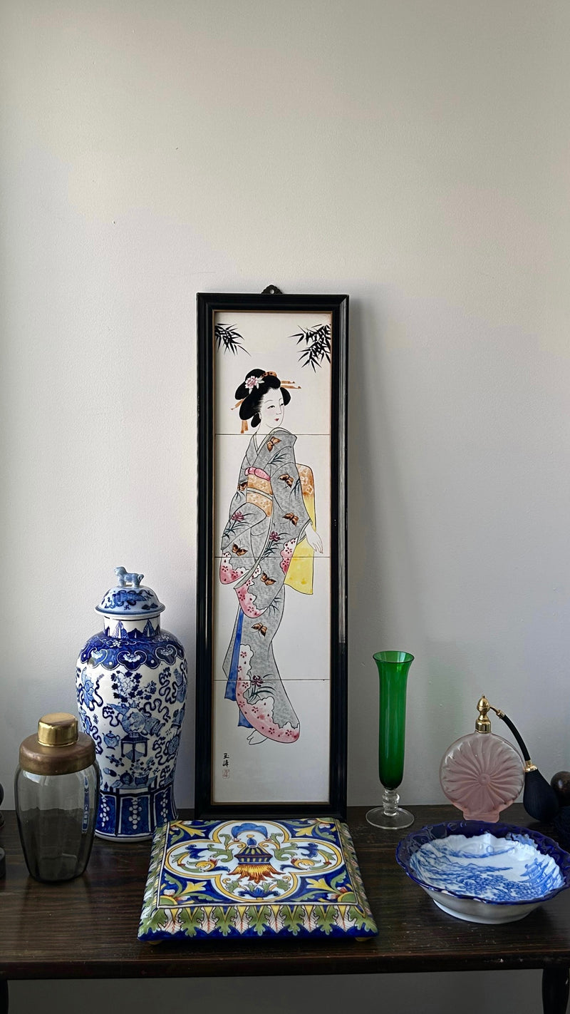 Framed Japanese Geisha Wall Panel Hand Painted on 4 Ceramic Tiles