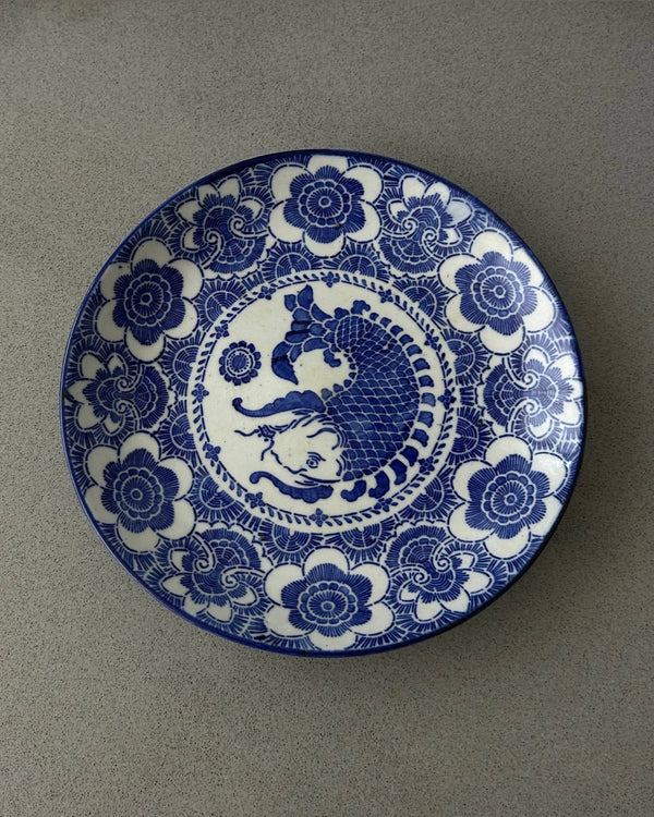 Antique Arita Imari Blue & White Porcelain Plate with Koi Fish Motif