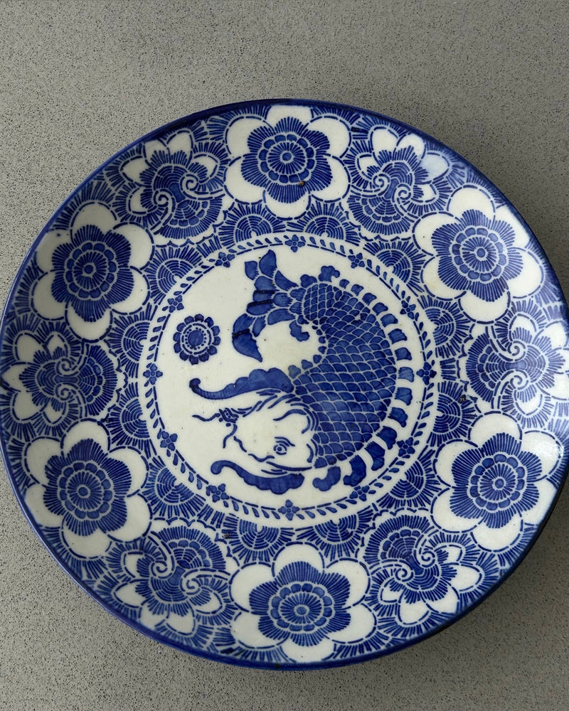 Antique Arita Imari Blue & White Porcelain Plate with Koi Fish Motif