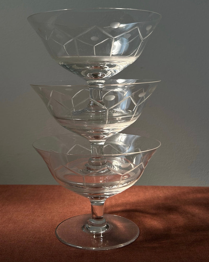Trio of Etched Crystal Coupes