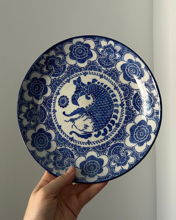 Antique Arita Imari Blue & White Porcelain Plate with Koi Fish Motif