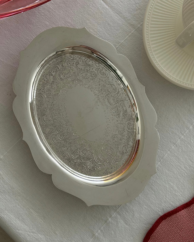 Silver Plated Oval Tray with Engraved Pattern