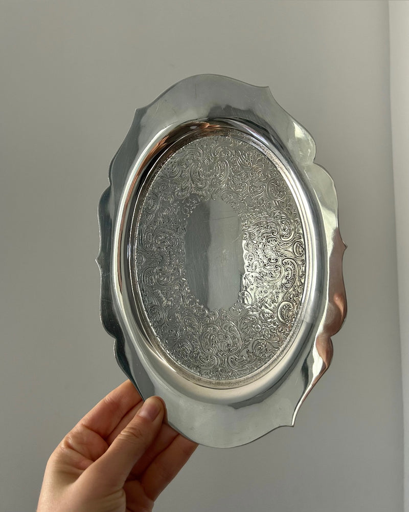 Silver Plated Oval Tray with Engraved Pattern