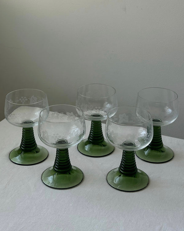 Green Stem Etched Wine Glasses (set of 5)