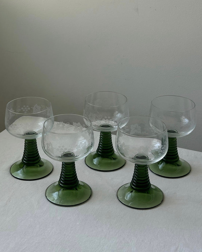 Green Stem Etched Wine Glasses (set of 5)