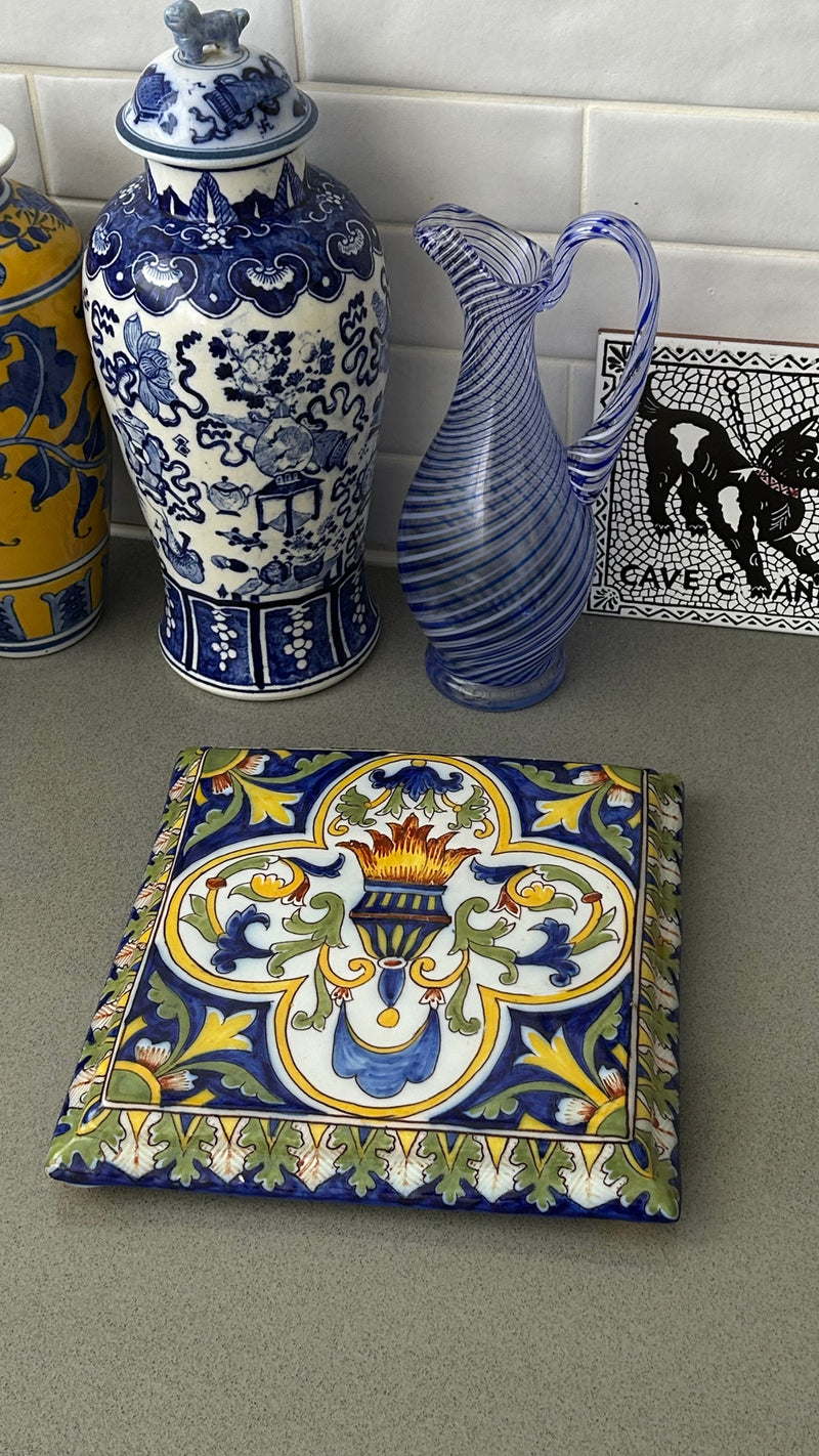 Rare French Hand Painted Faience Stand with Feet