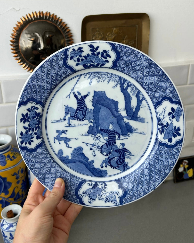 Blue & White Porcelain Plate with Hunting Scene