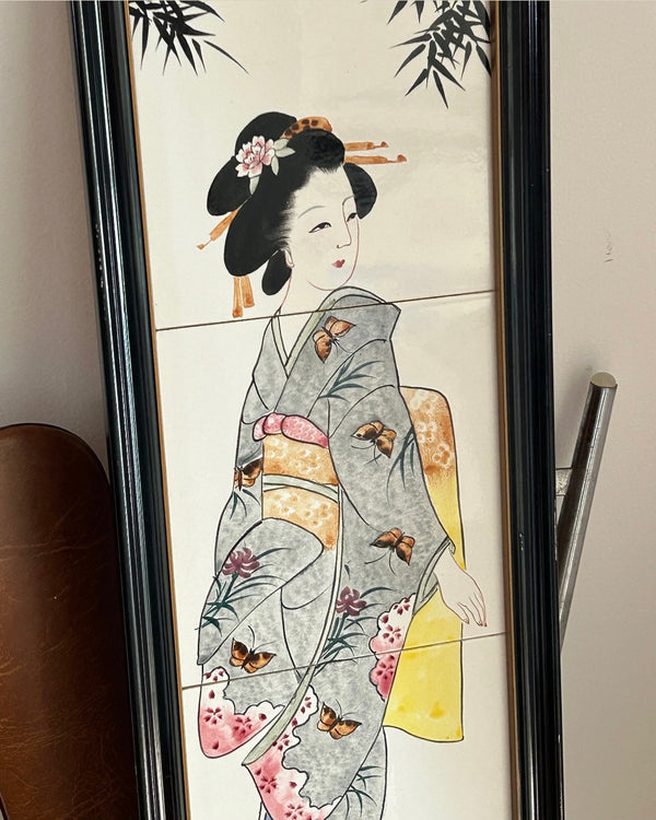 Framed Japanese Geisha Wall Panel Hand Painted on 4 Ceramic Tiles
