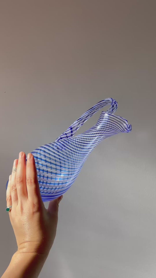 Blue Swirl Hand Blown Glass Pitcher